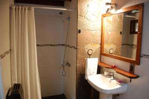 a bathroom with a sink and a mirror and a shower at La Cabañita in San Martín de los Andes +27 photos