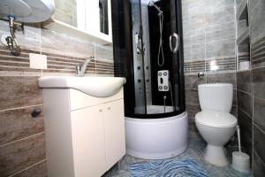 a bathroom with a shower and a sink and a toilet at Holiday House Serov in Tisno