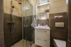 a bathroom with a glass shower and a sink at Apartmani Savin in Brodarica +14 photos