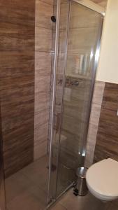 a shower stall with a toilet in a bathroom at Dom na Łabędziej in Charzykowy +32 photos