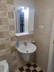 a bathroom with a white sink and a mirror at Luxury 1 Bedroom Apartment in Roşu