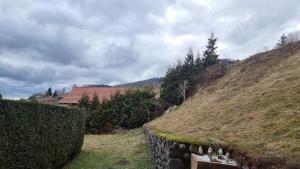 een stenen muur naast een heuvel met een huis bij Chez Mady - Terrasse, Vue Montagne & Proche Ski in Bussang