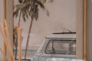 a picture of palm trees and a car with a surfboard on top at Céntrico con vistas a la ría by CABANA Rentals in Vigo