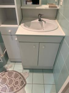 Un baño con un lavabo blanco y una alfombra. en Charmant Studio à Deux Pas de la Plage de Pléneuf-Val-André, en Pléneuf-Val-André