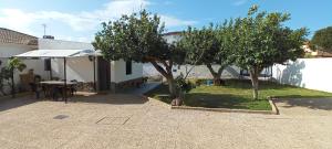 a house with a patio with a table and trees at Chalet Islaterranova exclusivo para familias in Novo Sancti Petri