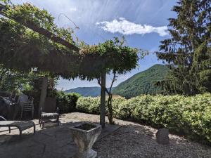 a patio with a bench and a tree and mountains at Wild Valley Ticino Villa in Valle Onsernone in Auressio