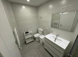 a bathroom with a sink and a toilet and a mirror at Apartamento Araceli in Suances +2 photos