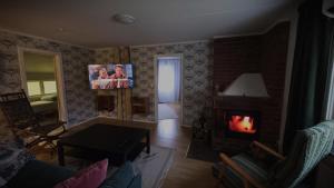 a living room with a fireplace and a tv at Henrys utanför Ullared in Ullared