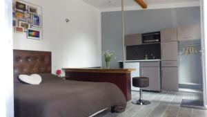 a bedroom with a large bed and a kitchen at La Chambrette in Salon-de-Provence