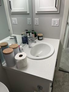 a bathroom sink with a roll of toilet paper on it at Private Basement Suite with comfort in Winnipeg +6 photos
