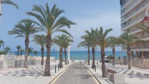 a street lined with palm trees next to a building at Arenales Sea View Apartment in Arenales del Sol