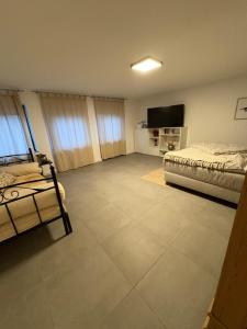 a room with two beds and a flat screen tv at Miltenberg Moments Ferienwohnung in Miltenberg