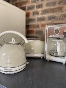 a white tea kettle and a toaster on a counter at Apartmány Malý Princ in Horní Blatná