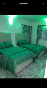 a bedroom with two beds with green comforters at Allure Guest Inn and Residence Ltd Apartments in Lekki