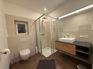 un bagno con doccia, WC e lavandino di Appartements Stuhleckblick a Spital am Semmering