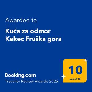 Certificato, attestato, insegna o altro documento esposto da Kuća za odmor Kekec Fruška gora