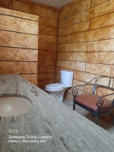 a bathroom with a toilet and a sink and a chair at Chácara Samambaia Piracicaba in Piracicaba