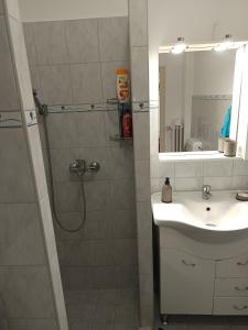 a bathroom with a shower and a sink and a mirror at City-Apartman in Kaposvár