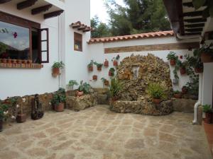 een binnenplaats met potplanten en een stenen muur bij Hospederia Villa Berenita in Villa de Leyva