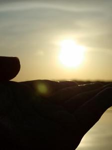 een silhouet van een hand met de zonsondergang op de achtergrond bij Santa Helena do inglês in Iranduba