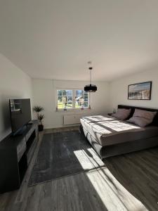 a bedroom with a large bed and a television at Ferienhaus Heidetraum Lüneburger Heide in Munster im Heidekreis