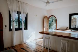 奥尔沃克斯岛Apartments & Suites MADRE Holbox Self-Check IN的厨房设有带2张凳子和窗户的酒吧
