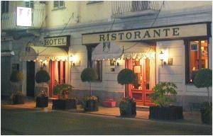 a hotel with potted plants in front of a building at Hotel Regina in Pinerolo