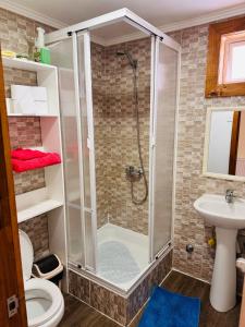a bathroom with a shower and a toilet and a sink at Departamento Marve in Puerto Natales