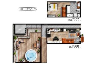 a floor plan of a small house with at Mid-Island Getaway - Sunken Hot Tub & Deck - Close to Beach - Modern in Nanaimo