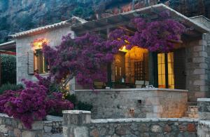 a house with purple trees in front of it at Kripia Holiday Villas in Kardamili