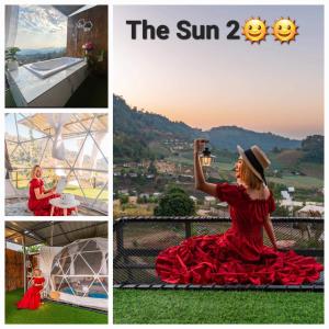 a collage of pictures of a woman in a red dress at เดอะซัน แกลมปิ้ง in Ban Mae Na