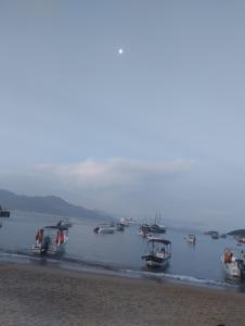 un groupe de bateaux dans l'eau sur une plage dans l'établissement Cachanga, à Angra dos Reis
