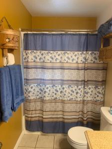 ein Bad mit einem Duschvorhang und einem WC in der Unterkunft Spacious cozy chalet huge deck over seasonal creek in Big Bear City Airport