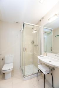 a bathroom with a shower and a sink and a toilet at Pensión Altair in San Sebastián
