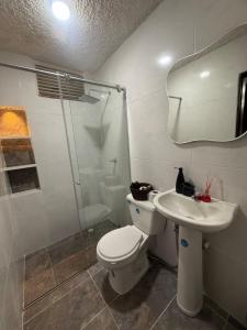 a bathroom with a toilet and a sink and a shower at Hermosa habitación a una cuadra del Ventura plaza 2 in Cúcuta