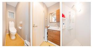 two images of a bathroom with a toilet and a sink at Mori hotel Akihabara 1 in Tokyo