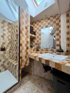 ein Badezimmer mit Waschbecken und Dusche in der Unterkunft La Parent'eizh plein centre-ville 2p in Auray