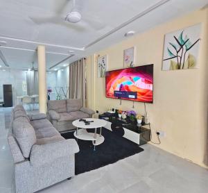 a living room with two couches and a tv on a wall at Amethyst Hoandedhdhoo in Kaadedhdhoo Airport