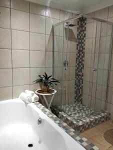 a shower in a bathroom with a tub and a plant at Family friendly home in a cul-de-sac! in Muizenberg +17 photos