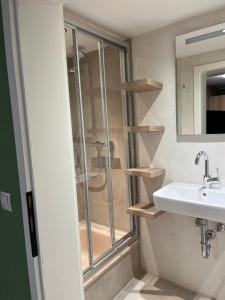 a bathroom with a shower and a sink and a mirror at Allgäu Apartments Hüs 8 oder 9 Ferienzimmer mit Self-Checkin in Balderschwang +30 photos