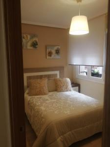 Un dormitorio con una cama con dos almohadas y una lámpara. en El piso de Amalia, en Casalarreina
