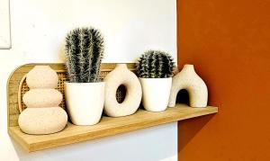 a shelf with four white vases and cactuses at La Cachette Oubliée in Melun +2 photos