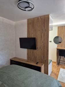 a bedroom with a bed and a television on a wall at Apartman Milica in Temerin