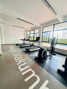 un gimnasio con cintas de correr, equipo cardiovascular y ventanas en Luxury Homes Studio Apartment Syokimau, en Nairobi