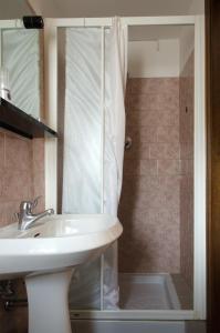 La salle de bains est pourvue d'un lavabo et d'une douche. dans l'établissement Hotel Capriolo, à Vidiciatico