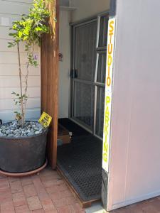 a door to a porch with a potted plant at Studio in Albert Town