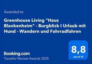 Certifikát, hodnocení, plakát nebo jiný dokument vystavený v ubytování Greenhouse Living "Haus Blankenheim" - Burgblick I Urlaub mit Hund - 30 Minuten zum Phantasialand & Nürburgring