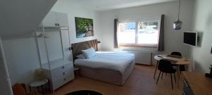 a bedroom with a bed and a desk and a window at Ankogel Lofts Mallnitz in Mallnitz +45 photos