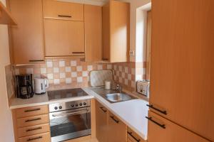 een kleine keuken met een spoelbak en een fornuis bij Apartment Egidi in Brixen im Thale