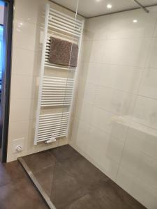 a bathroom with a shower with a window at Ferienwohnung Panoramablick in Wertach
